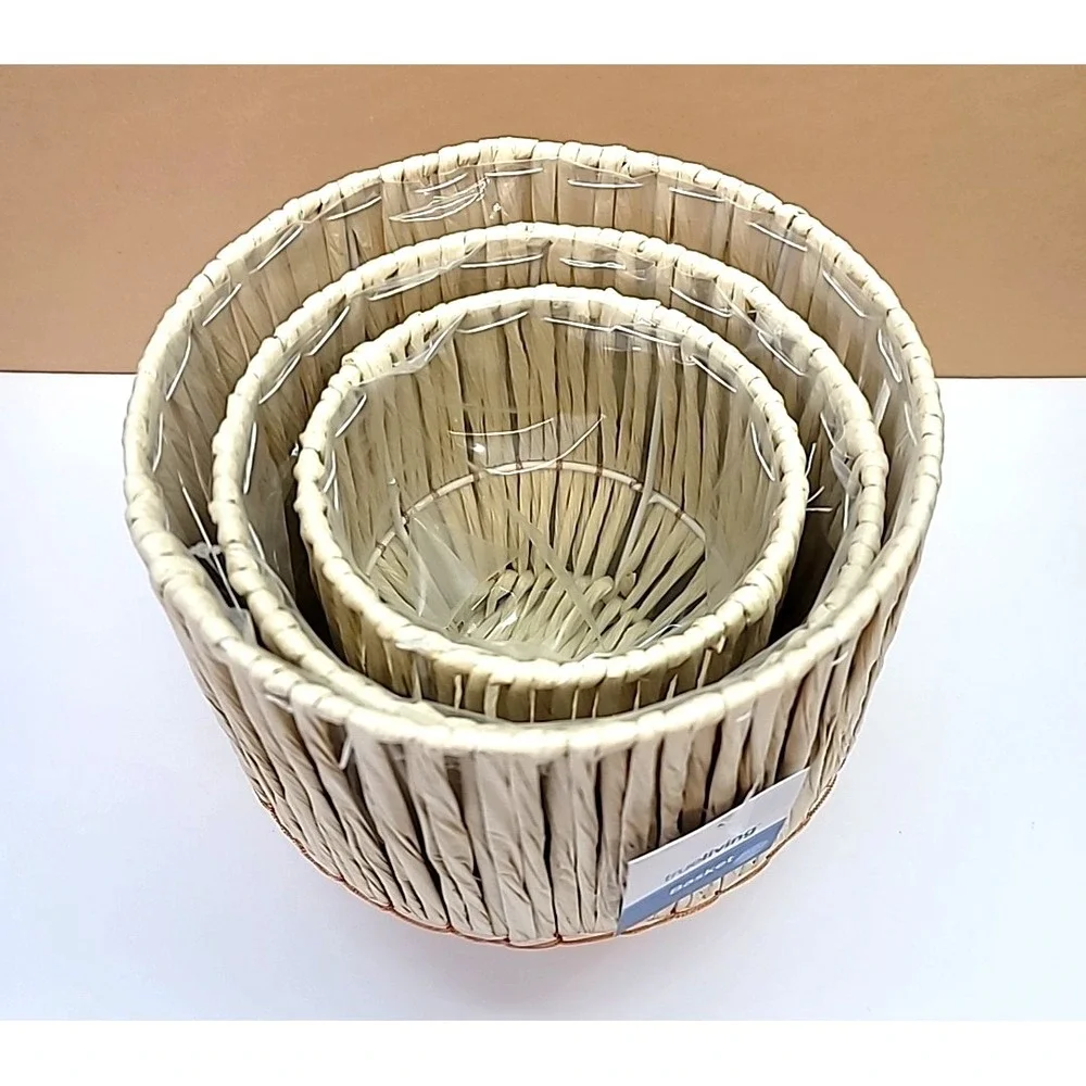Set Of 3 Plastic Lined Natural Color Raffia Planter Baskets-6